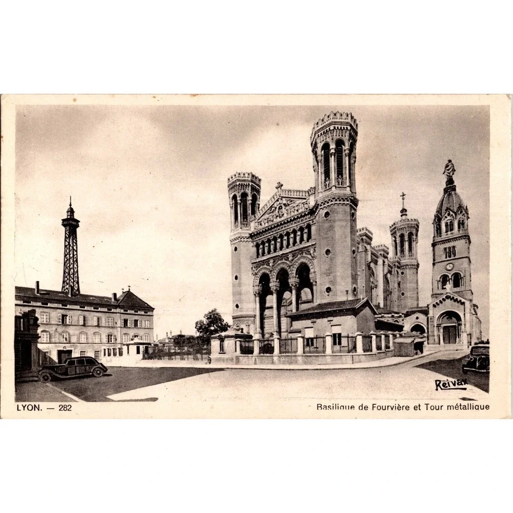 Vintage Lyon France‎ Postcard Basilique de Fourvière & Metal Tower